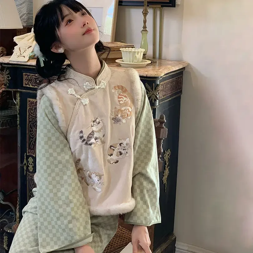 Chinese Cat Embroidery Vest Traditional Chinese Style Daily Vest Wear Stand-up Collar Long Sleeve Dress Autumn And Winter Set