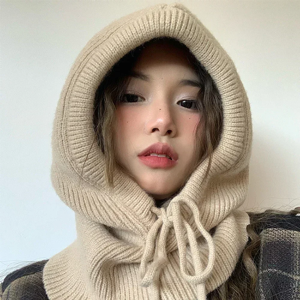 Winter Warm Scarf All-in-one Cap Neck Thickened Warm Knitted Wool Pullover Cap Korean Women Cotton Ear Protection Pullover Cap