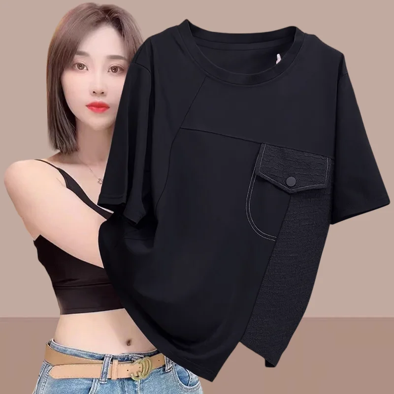 Niche Zwarte Top Dameskleding Nieuwe High-end Straat Dameskleding Dames Losse Schouder T-shirt met korte mouwen