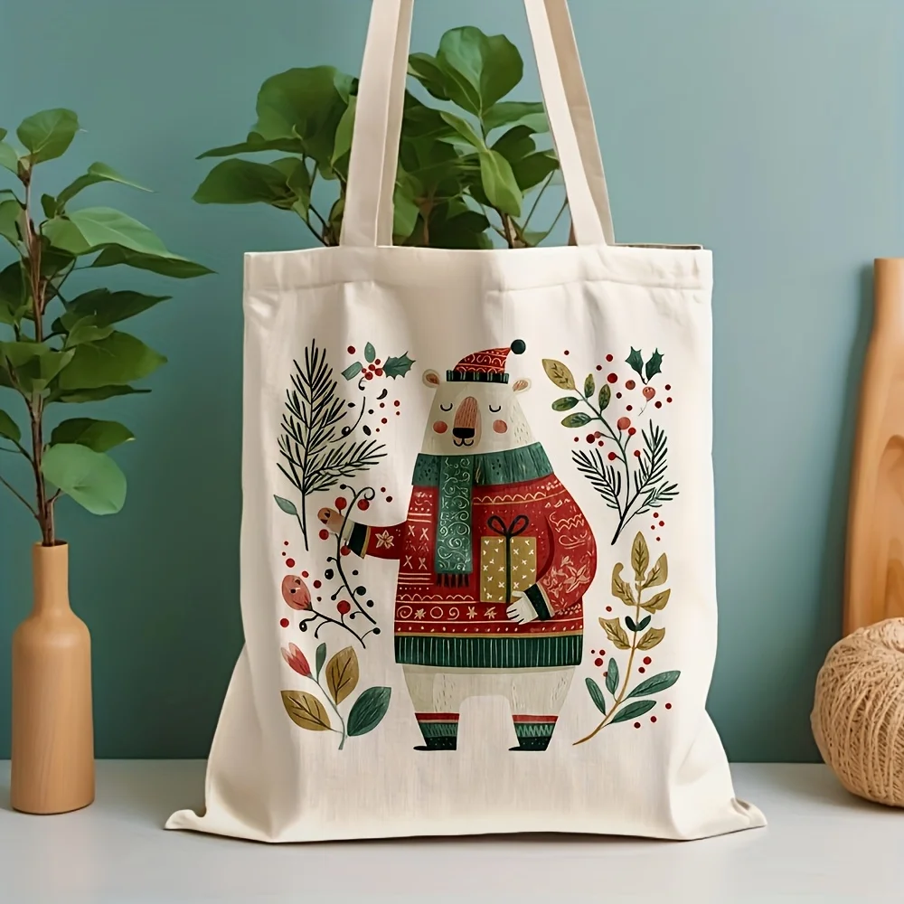 Scandinavian Folk Art Snowman Canvas Tote Bag Nordic Christmas Botanical Print Large Capacity Shoulder Bag Shopping Handbag