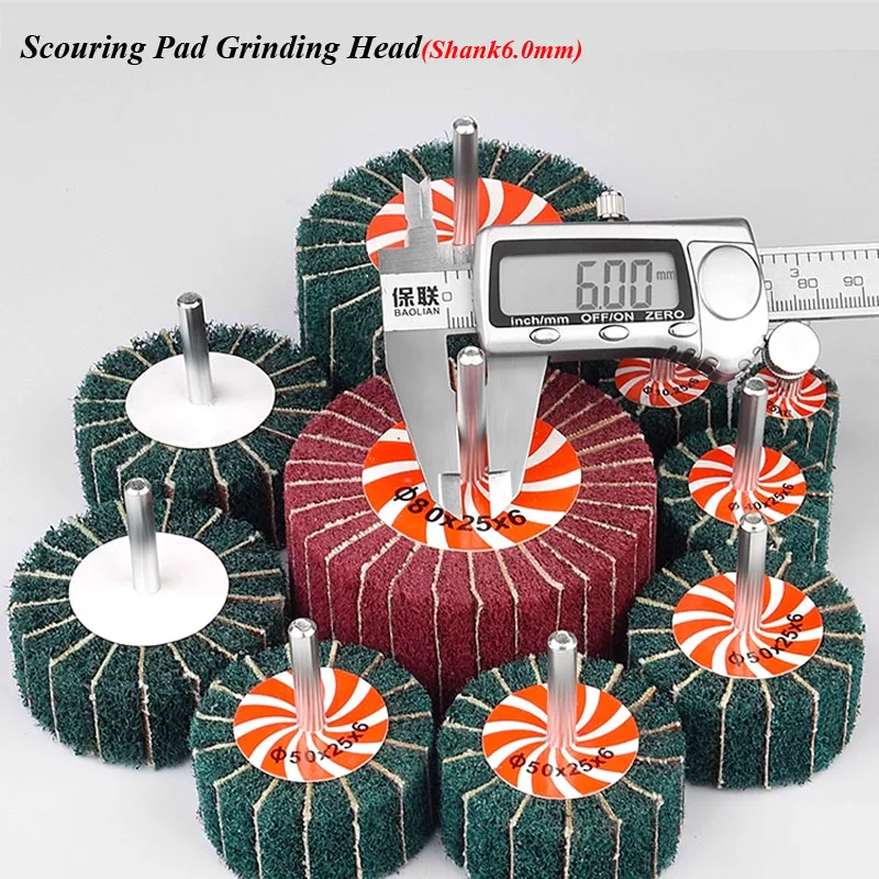 Scouring pad grinding head with shank6.0mm drawing wheel for stainless steel fiber+sand flap wheel for metal grinding Dia20~80mm