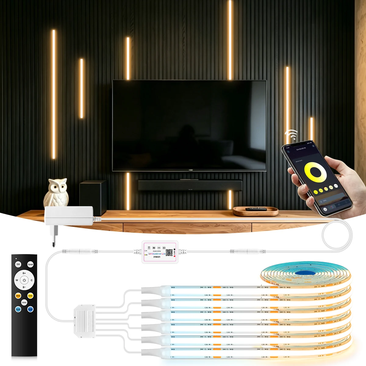 2-4-6-個-cct-ランプキット調光可能-3000k-6500k-24v-cob-led-ストリップライト、eu-us-uk-プラグ、電話-bt-app-コントロール、キャビネットの壁の装飾用