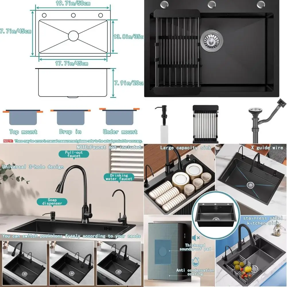 อ่างล้างจานแบบดรอปอินสีดำพร้อมที่จ่ายสบู่และตะกร้าระบายน้ำ ขนาด 19.7x17.7x7.9 นิ้ว
