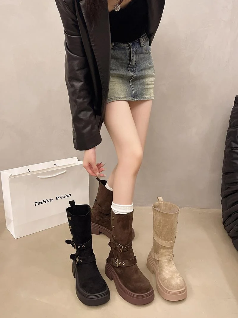 Briti Sle أحذية نسائية بكعب ثي اتجاهين ارتداء ort أنبوب الأحذية ربيع الخريف زيادة Faion المطاط وحيد