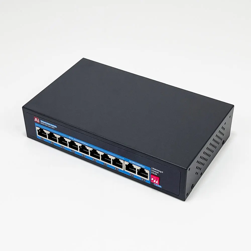 10 Port 10/100/1000Mbps PoE Switch with VLAN Support Non-Blocking Capacity in Stock for CCTV Cameras