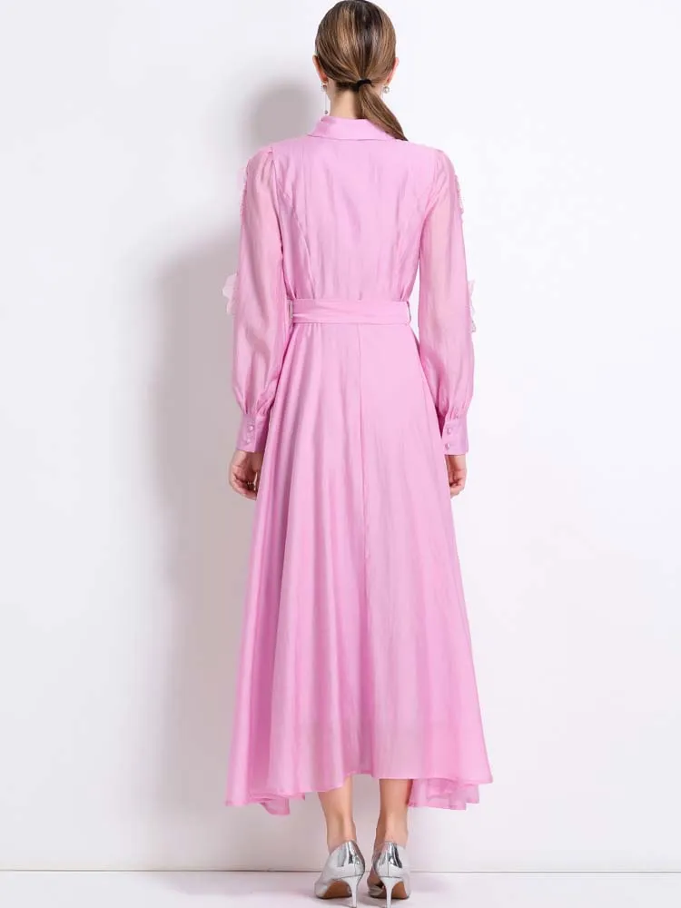 Długa sukienka koszulowa z cekinami i kwiatowym wzorem Damska Jesień 2025 Luksusowe Sukienki Maxi z długim rękawem i paskami Elegancka Jednolita INKEO 5D239