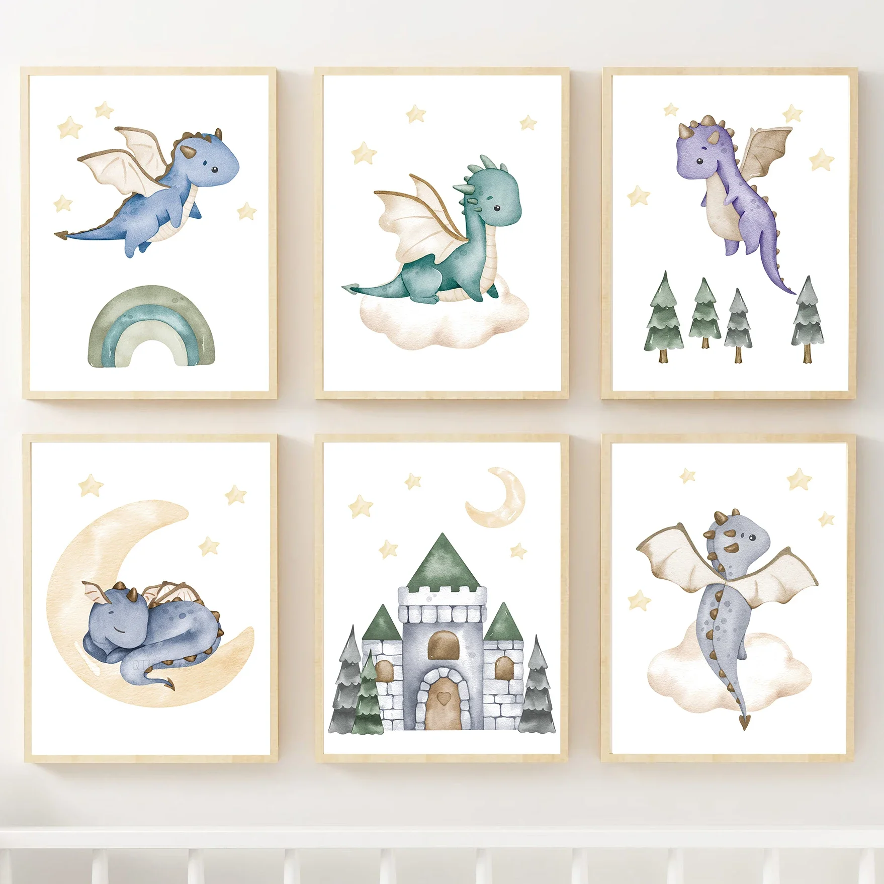 

Cute Dinosaur Baby Moon Rainbow Castle Nursery Wall Art Canvas Painting Nordic Posters And Prints Wall Pictures Kids Room Decor