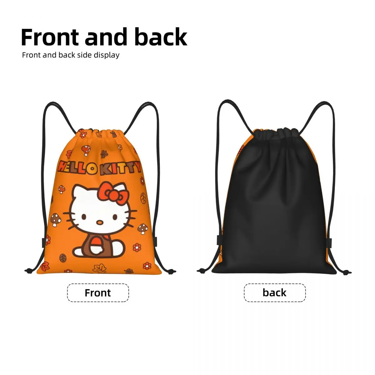 Custom Autumn Leaves Hello Kitty Drawstring Backpack Women Men Gym Sport Sackpack Foldable Cartoon Cat Shopping Bag Sack
