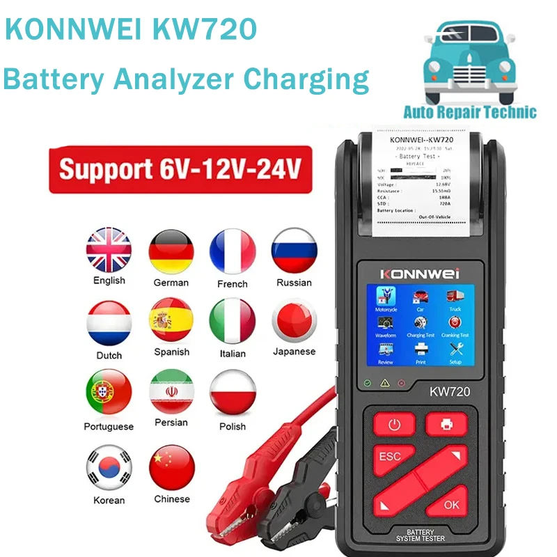 

KONNWEI KW720 6V/12V/24V Motorcycle Car Truck Battery Tester Charging Cranking Test Tools 100-2000CCA Charging Circut Tester