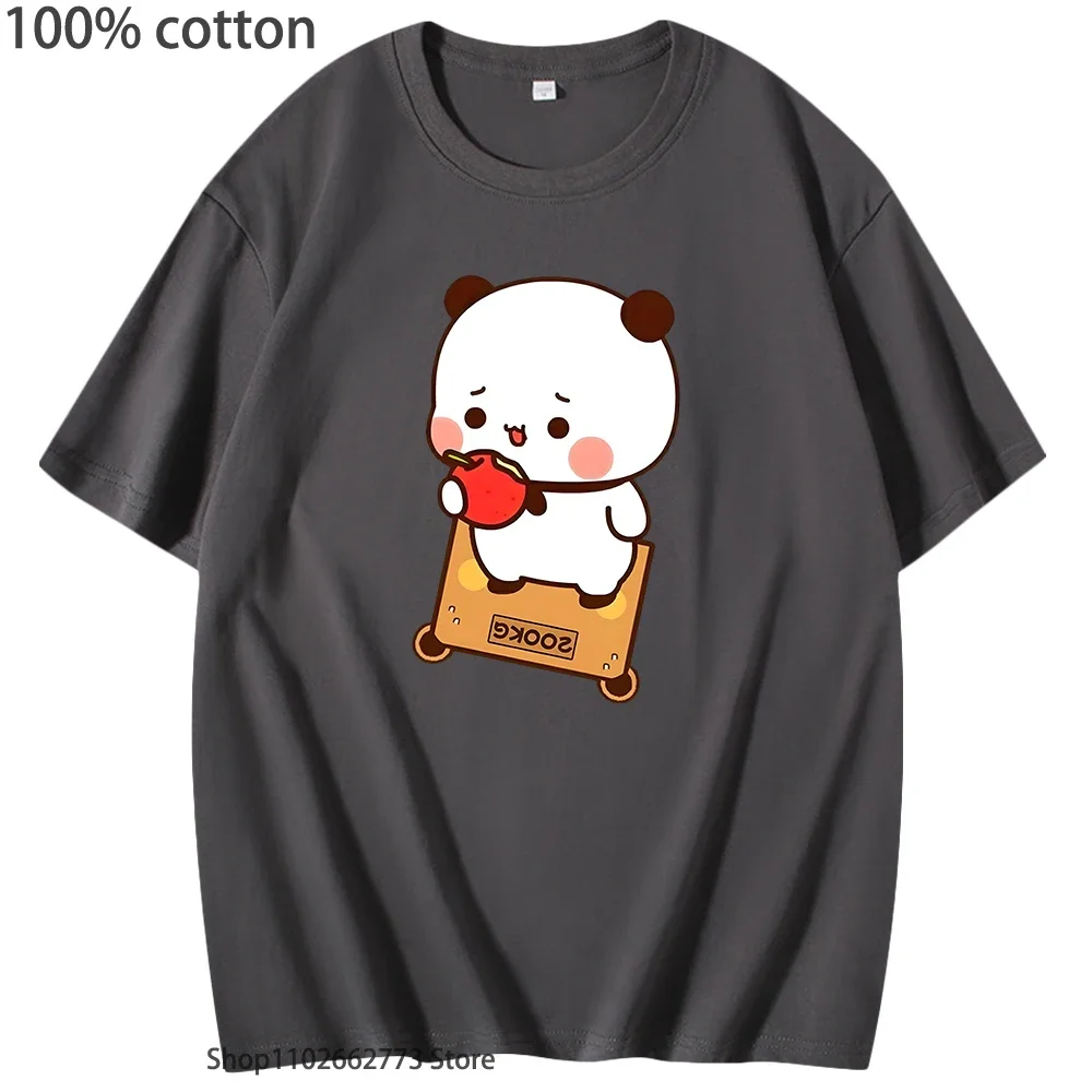 Urocza koszulka z grafiką Bubu jedzącego jabłko, panda, kawaii, damska koszulka, męskie koszulki, 100% bawełna, letnie ubrania, miękkie damskie t-shirty