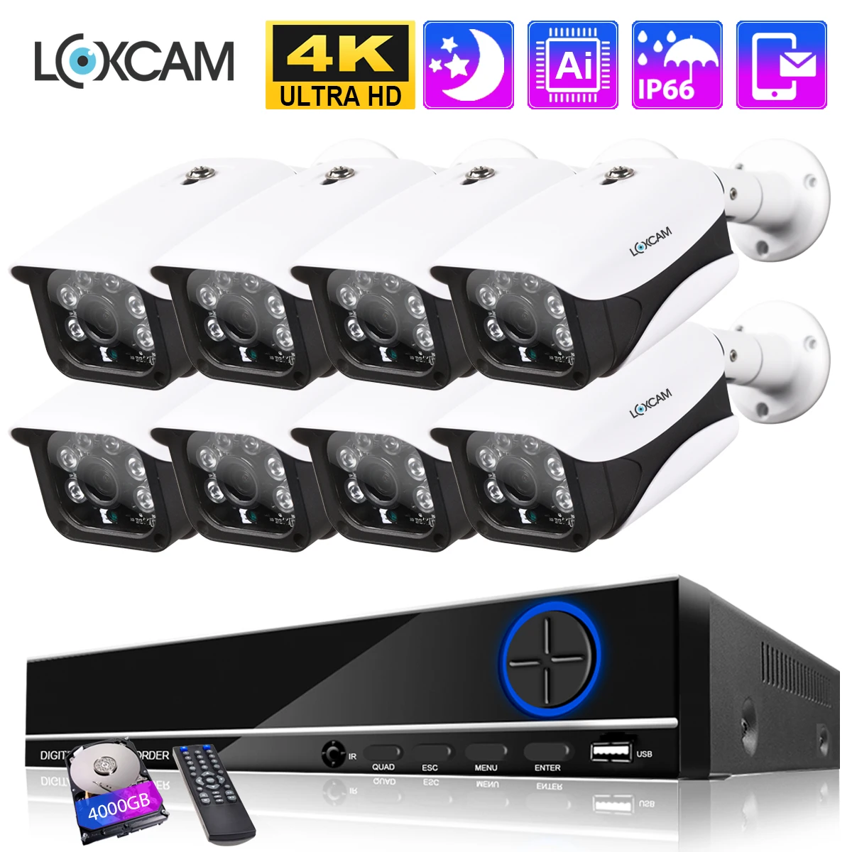 LOXCAM H.265 8Channel 4K POE NVR CCTV Security Camera System 5MP Human Detection Waterproof IR Camera Kit Video Surveillance Set