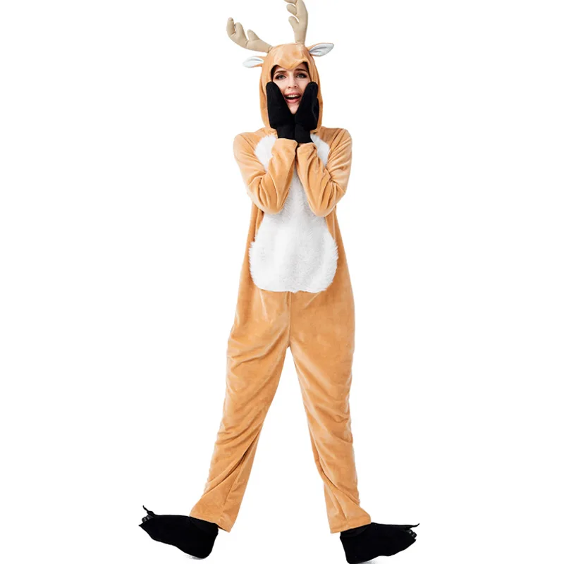 Men Women Christmas Cute Reindeer Elk Cosplay Costume Unisex Deer Animal New Year Party Xms Santa Claus Jumpsuit for Adult Kids