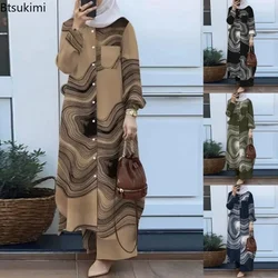 Mode Vrouwen Moslim Sets Casual Losse Bijpassende Sets Elegante Vrouwelijke Eid Mubarek Ramadan Vintage Bloemen Gedrukt Blouse Broek Pak