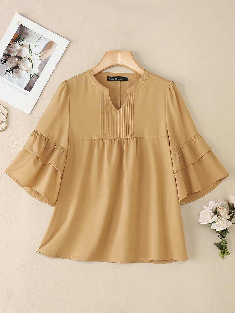 بلوزة نسائية أنيقة OL للعمل 2025 ZANZEA قميص صيفي أنيق للسيدات برقبة على شكل V 3/4 كم Blusas Mujer بلوزات فضفاضة غير رسمية #5