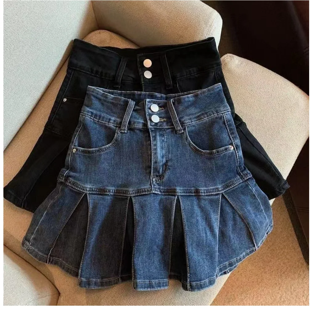 

High-Waisted Denim Skirt Women's New Pleated Retro Blue Skinny A-line Flanged Wrap Hip Skirt