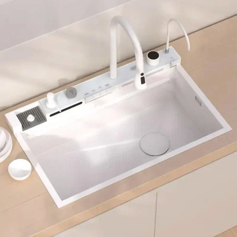 White Stainless Steel Waterfall Faucets Kitchen Kitchen Sink Digital Display Piano Key Sink With Soap Dispenser