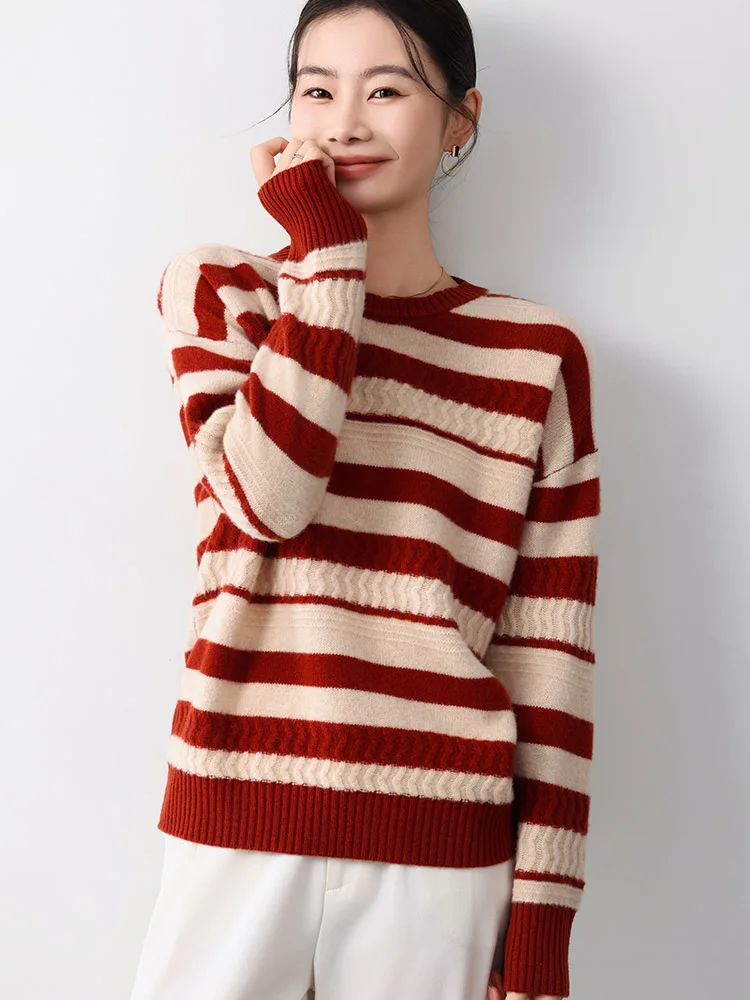 

Новый женский свитер из 100% мериносовой шерсти, осенне-зимний женский трикотажный полосатый пуловер, свободная блузка с длинным рукавом, уютная одежда, топы