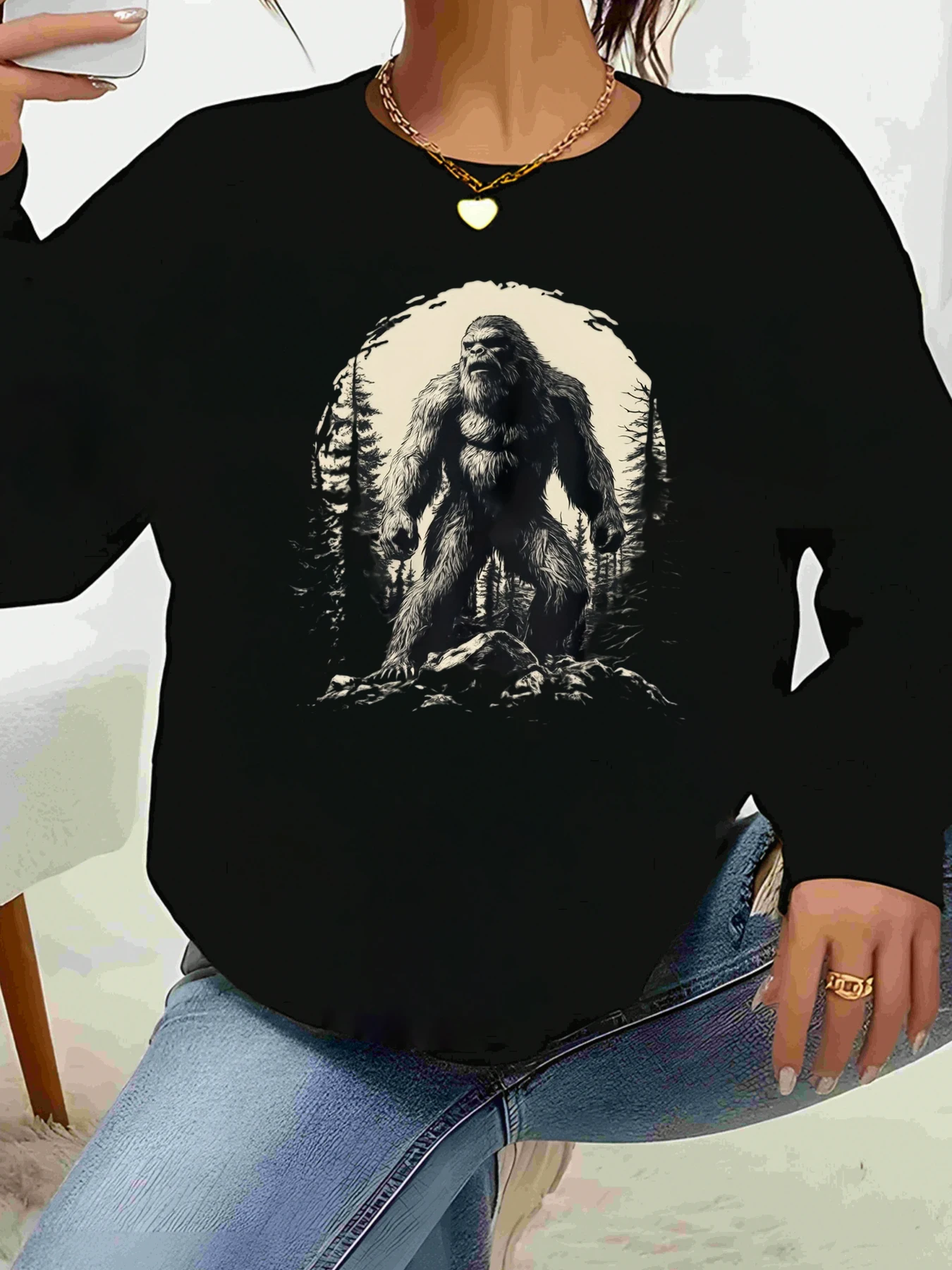 

Топ с длинными рукавами и лесным принтом Bigfoot, повседневная женская одежда на Хэллоуин