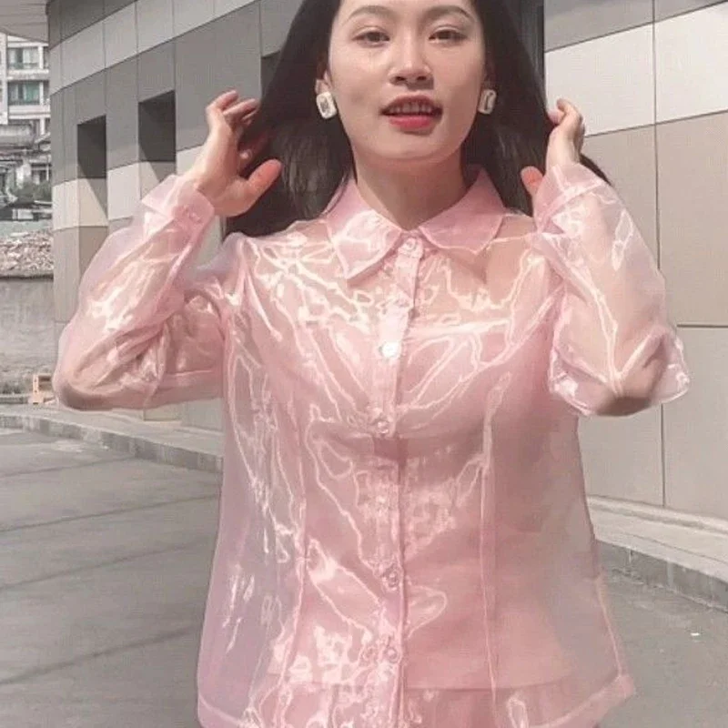 Men Pink Sexy Luxury See Through Organza Shirt Pants Set Women Thin Long Sleeve Glossy Slim Sheer Erotic Uniform Private Party