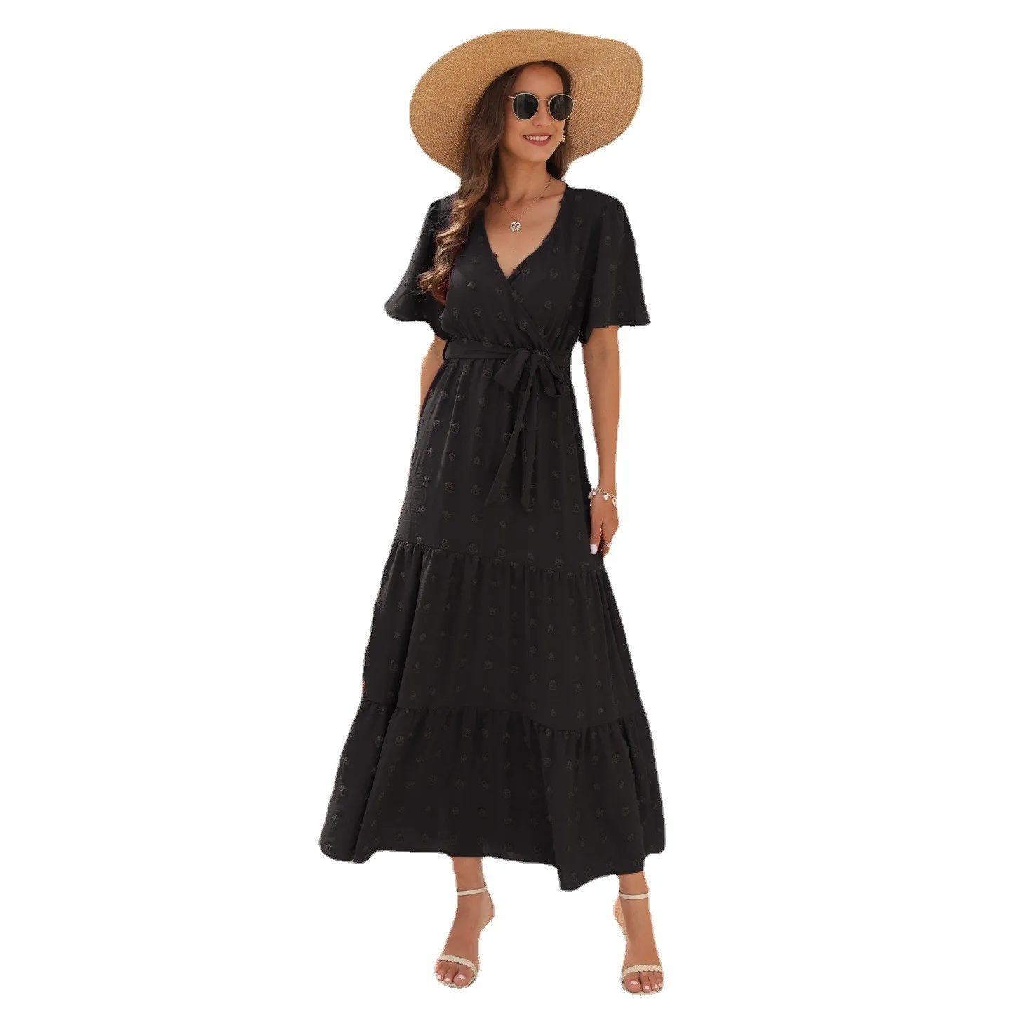 

Women's Summer Sundress Summer Woman Dress V Neck Short Sleeve Dresses High Waist Maxi Dress Wrap Tiered Skirt A Line Dress