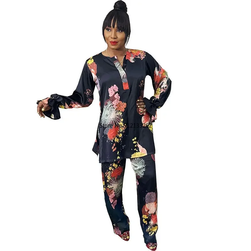 

African Clothes for Women Spring Summer Fashion 2 Piece Set Dashiki Long Sleeve Top and Pants Suit Party Lady Matching Sets