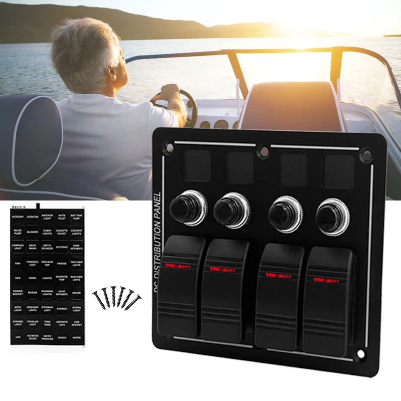 12V Red Led 4 Gang Mount Aluminum Marine Boat Rocker Switch Panel With 15A Breakers Waterproof DIY Sticker DC Distribution Panel