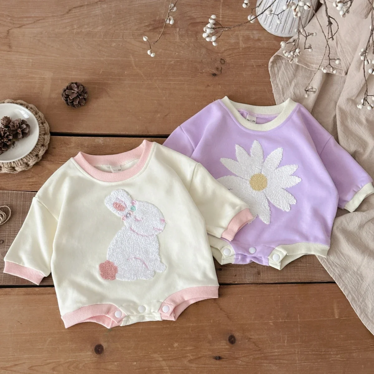Newborn Baby Girls Cute Animal Floral Applique Long Sleeve Bodysuit Infant Spring Casual Color Collar Romper Outfit