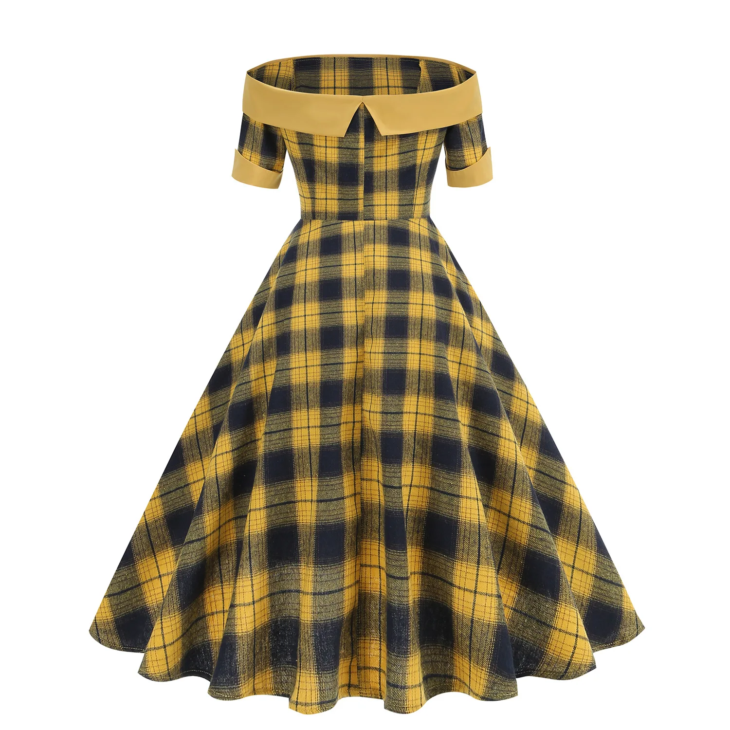 Women Vintage Plaid Dress Elegant Retro Rockabilly Gingham Slash Neck Cocktail Tea Party 1950s 40s Swing Dress Summer Dress