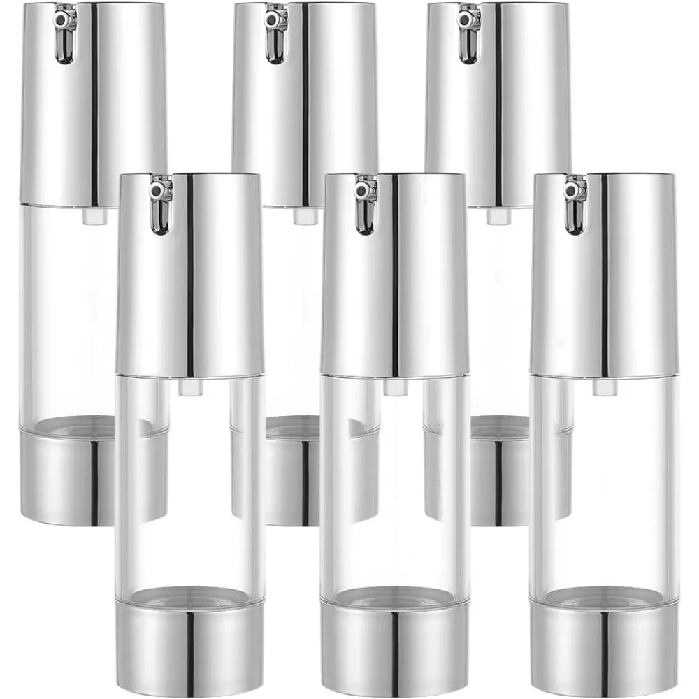 6 PCS Airless Cosmetic Cream Pump Bottle, 30ml/1fl.oz U-Type Pump Silver Vacuum Cosmetic Bottle, Refillable Cosmetic Bottle for