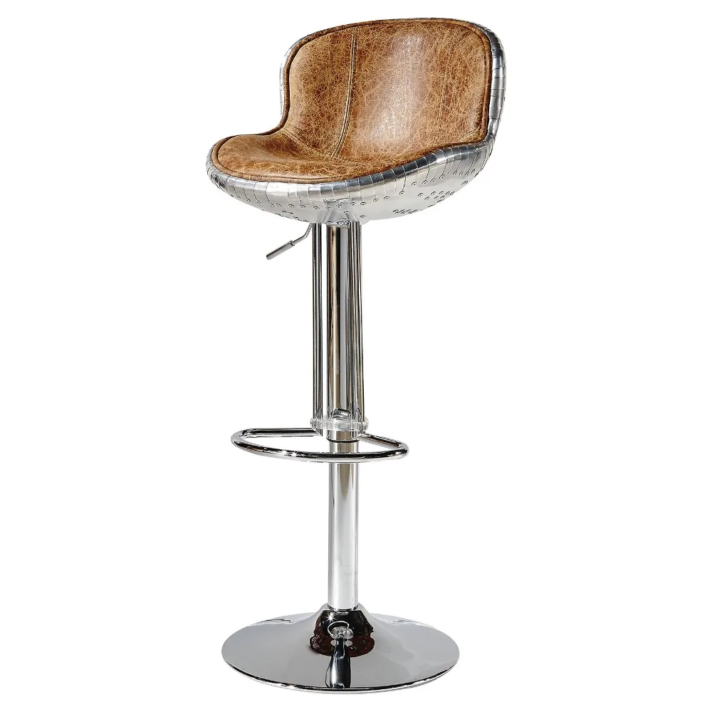 Vintage Top Grain Leather Height Adjustable Swivel Aviation Bar Stool for Kitchen Counter Club Restaurant