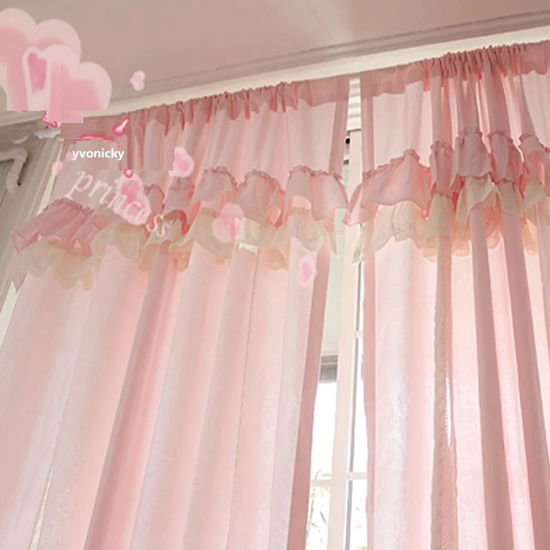 2 pcs 100% Cotton Romantic Princess Curtains for Girl\'s Bedroom Sweet Pink Cortinas with Valance Bowties Pastoral Ruffles Drapes