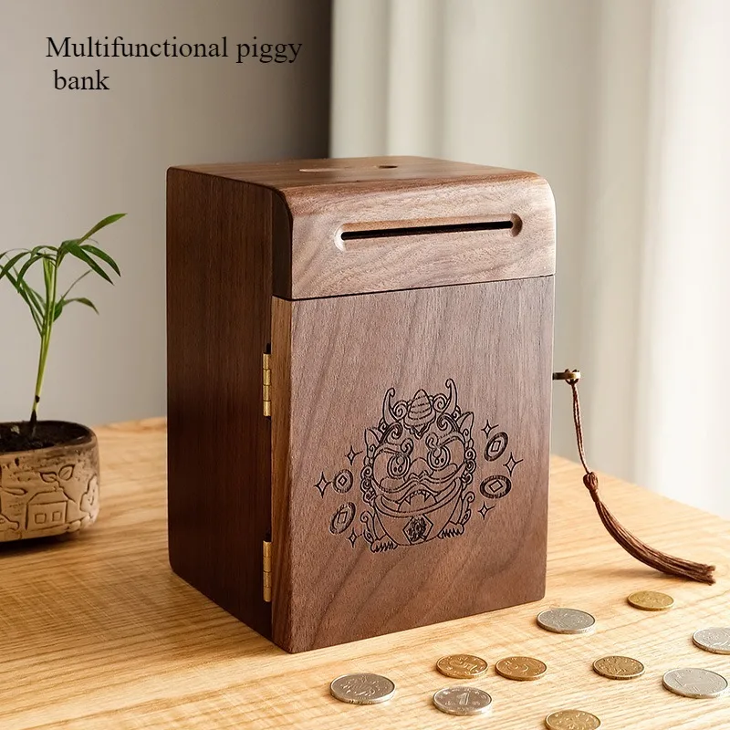 

Wooden Money Box - Solid Walnut Locking Piggy Bank for Adults/Kids, Handcrafted Coin Savings Jar with Key, Home Decor