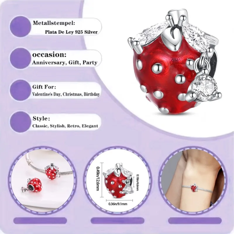 

Подвеска-шарм из серебра 925 пробы в форме клубники, подходит для оригинальных браслетов, ожерелий, ювелирных украшений, подарок.