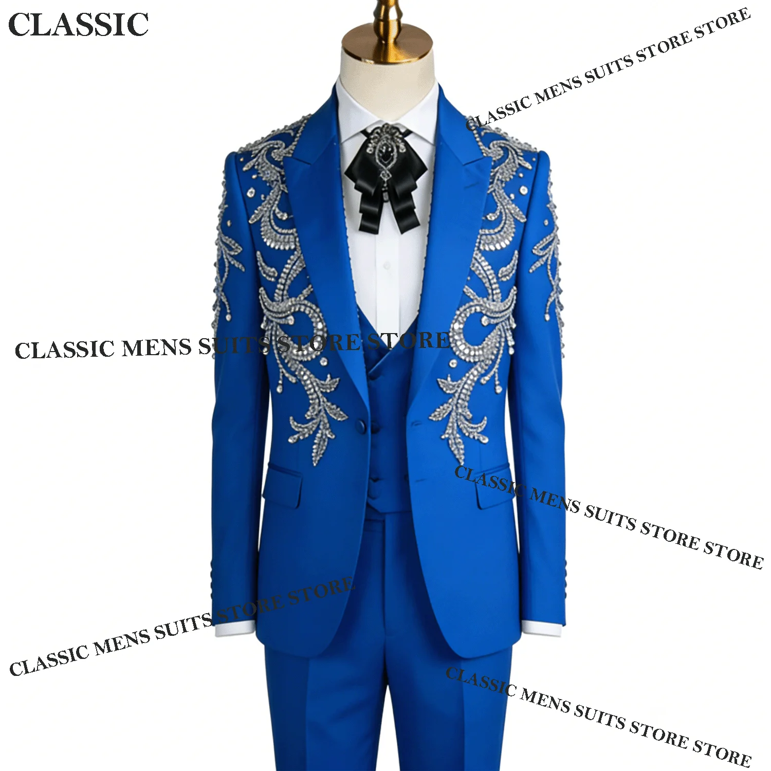 

Sparkly Tuxedos Men Suits Elegant Diamond Decoration Customized Peaked Lapel Groom 2Pieces Set Wedding Male Prom Blazers suit