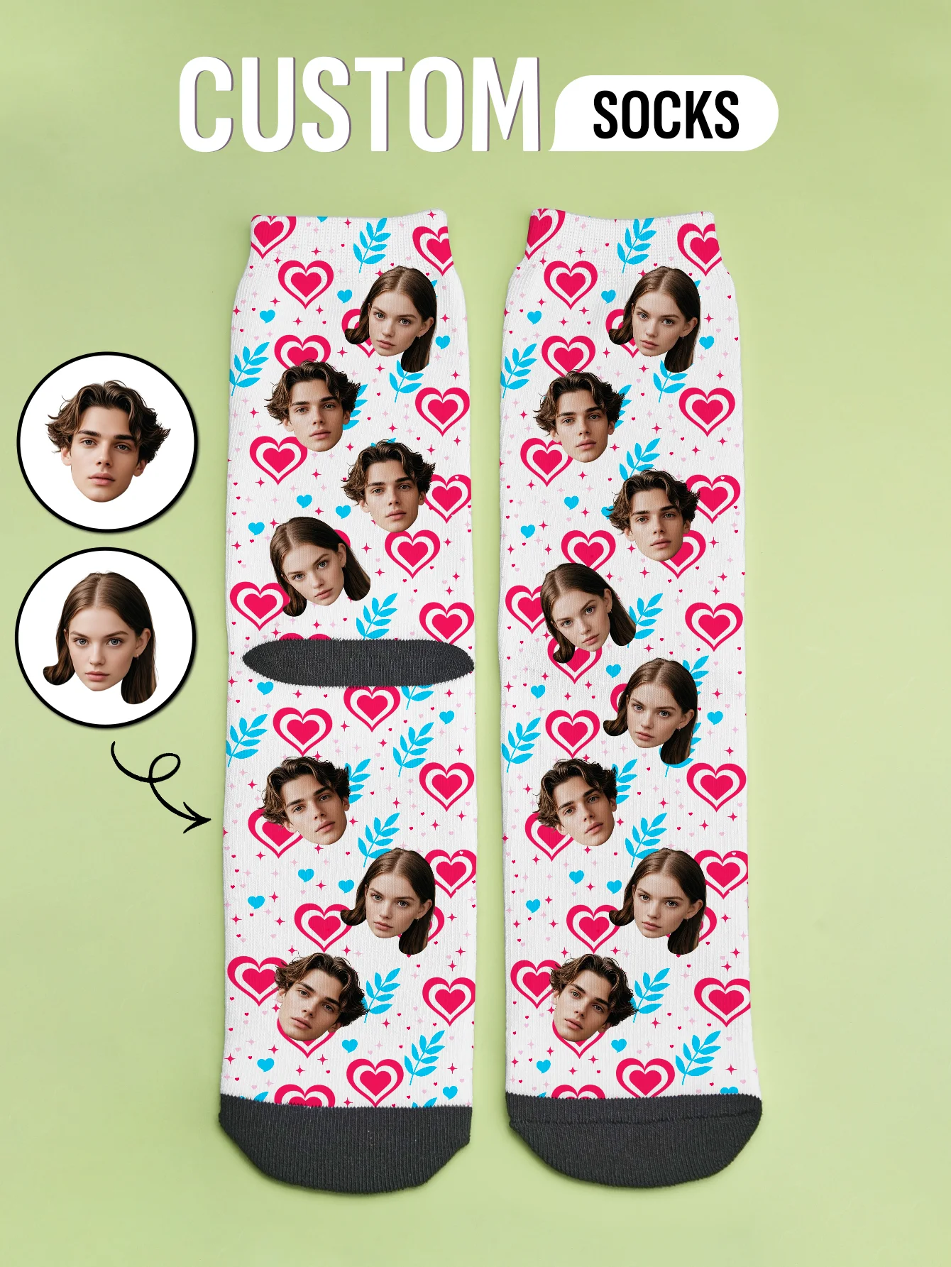 Custom Face Socks Personalized Photo Socks Love Pattern Custom Couple Socks Two Sizes Available Romantic Gift