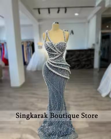 Luxury Pearls Crystal Blue Mermaid Evening Dress Beaded Special Occasion Party Dress Robe de soiree Femme Customized 2025