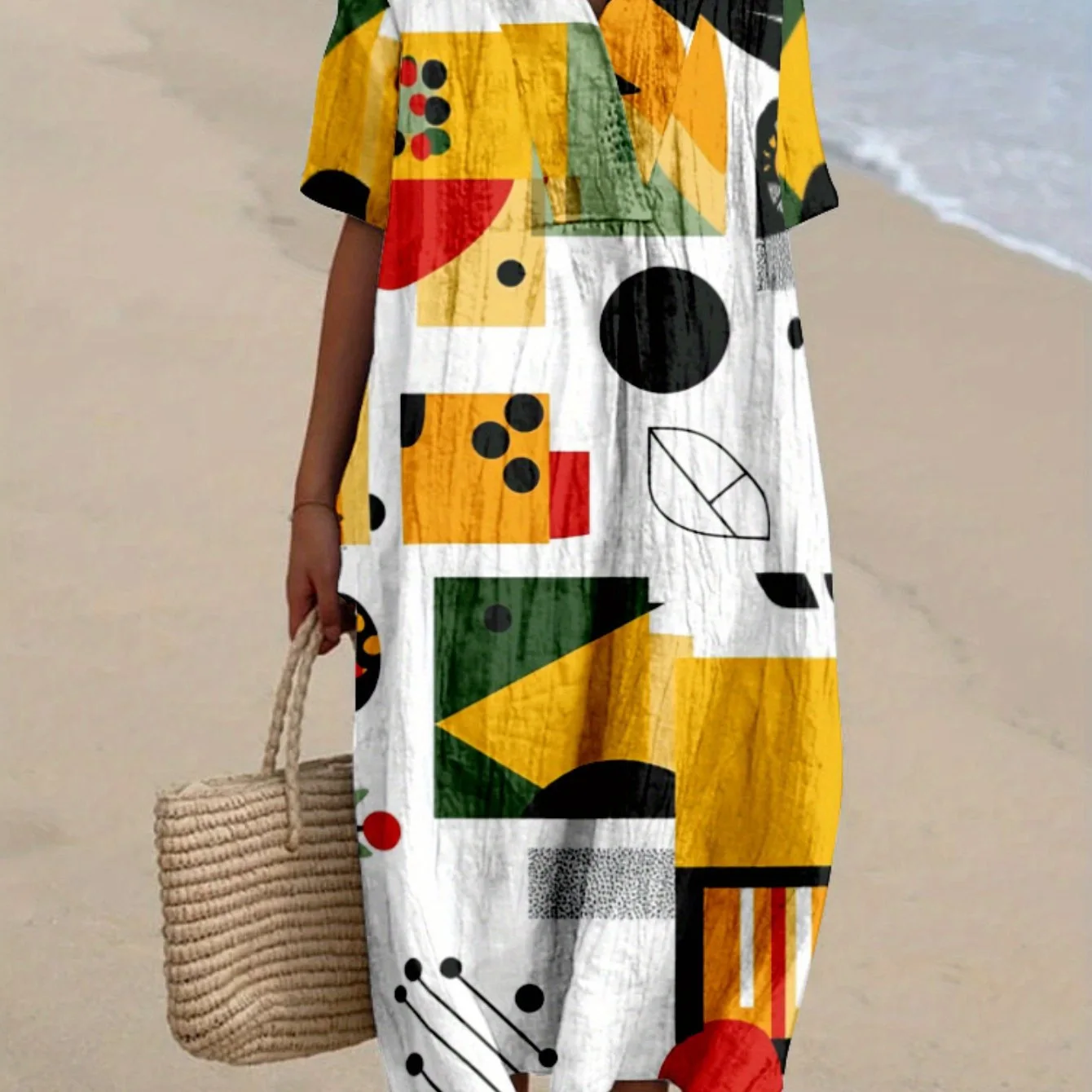 2026 New Women's Round Neck Long Casual Dress Large Size Retro Japanese Geometry Print Dress Street Vacation Long Sleeve Dress