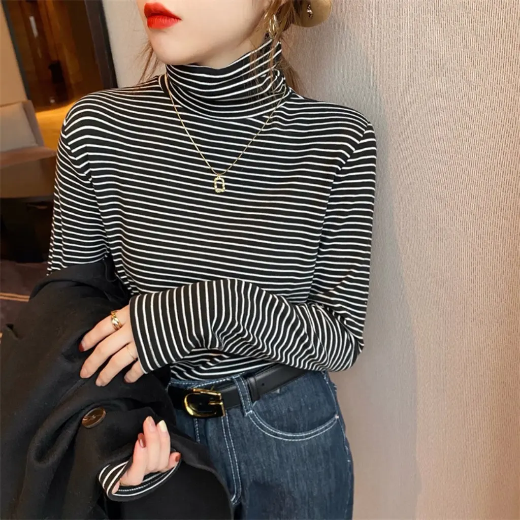 

Women's Double-Sided German Velvet Pile High Collar Base Shirt Fleece-Lined Thick Striped Long Sleeve T-Shirt for Autumn Winter