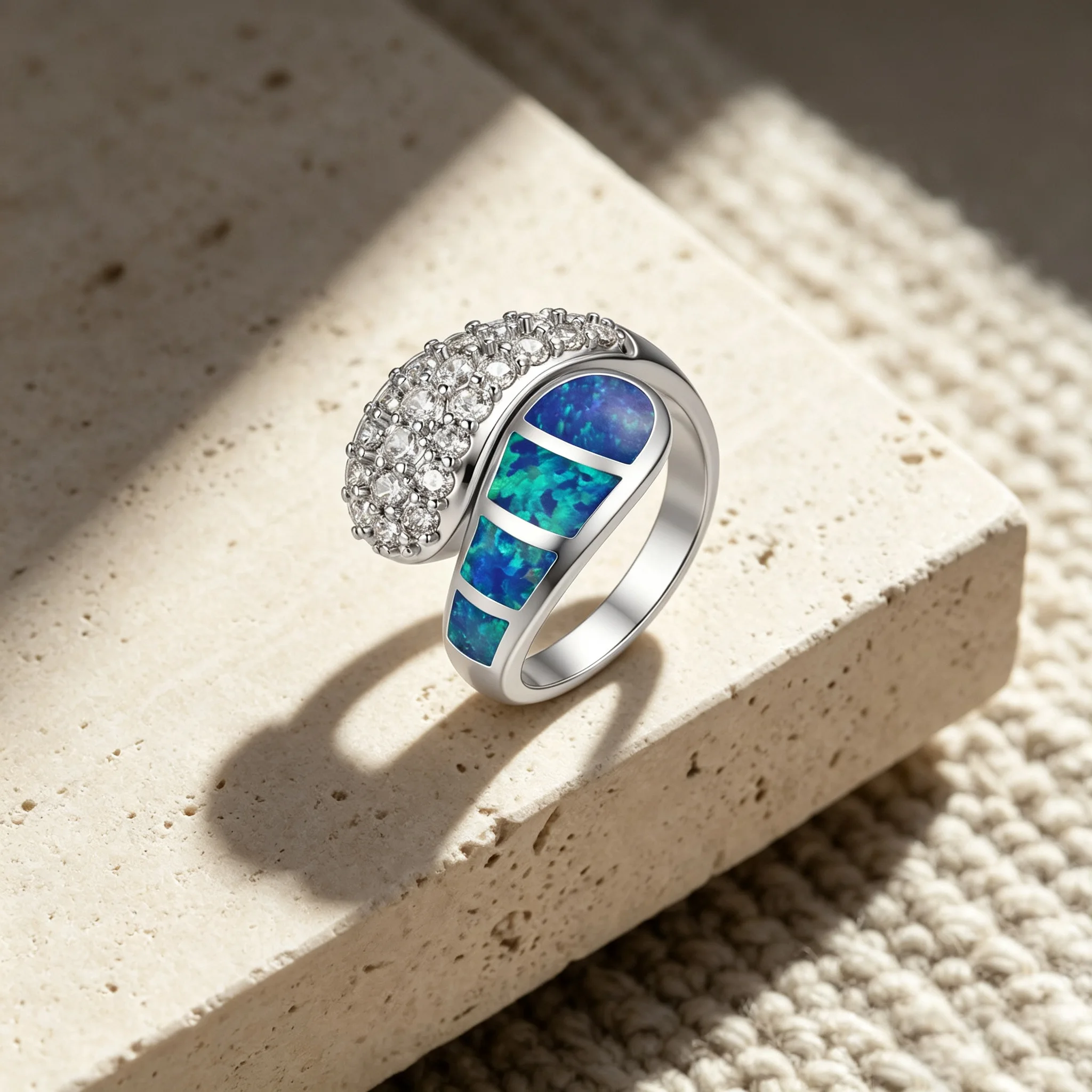 Women Asymmetric Cross Over Statement Ring, Blue Opal Stone Clear Zirconia Inlaid Wide Band Ring, Luxury Party Jewelry Gift - view 2