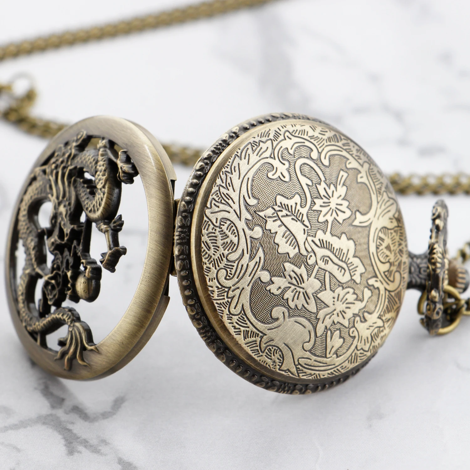 Exquisite Antique Flying Dragon Embossed Quartz Pocket Watch Vintage Necklace Pendant Clock Best Holiday Gift for Men and Women