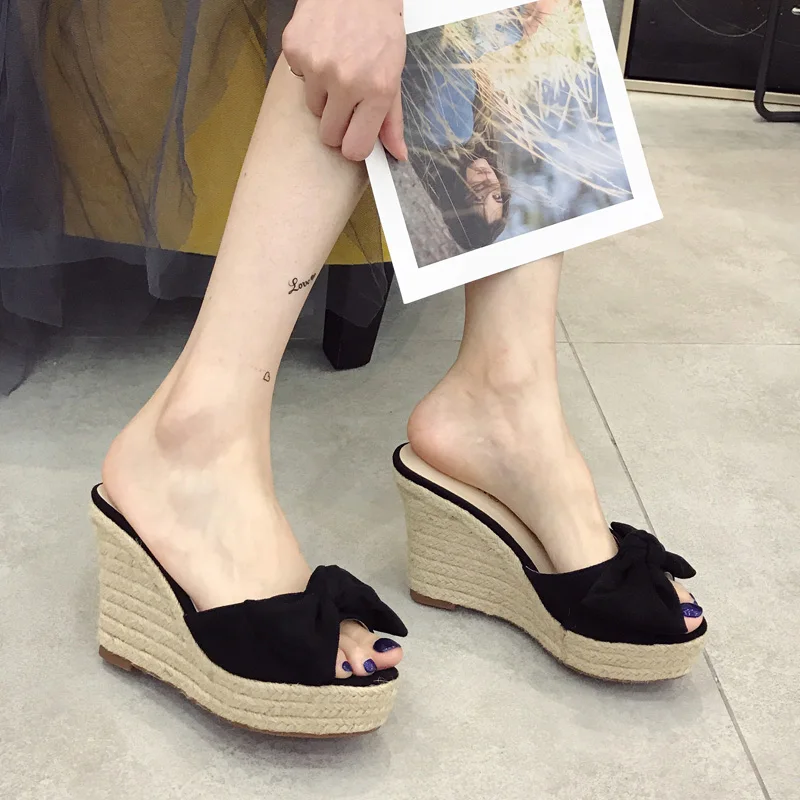 Shoes Woman 2024 Slippers Summer Heeled Mules Shale Female Beach On A Wedge Platform Rubber Flip Flops Pantofle Butterfly-Knot H