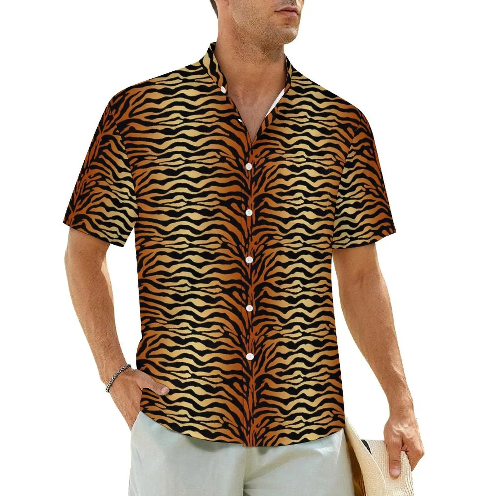 

Tiger Stripes Hawaiian Shirt For Man Beach Animal Print Casual Shirts Short Sleeve Stylish Graphic Elegant Oversized Blouses