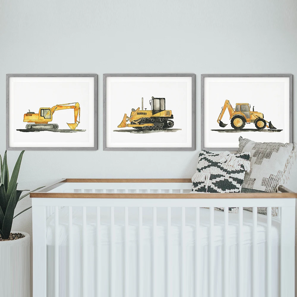 Construction Vehicles Watercolor Art Canvas Painting Kids Room Decor Dump Truck Digger Bulldozer Posters and Prints Boys Gift