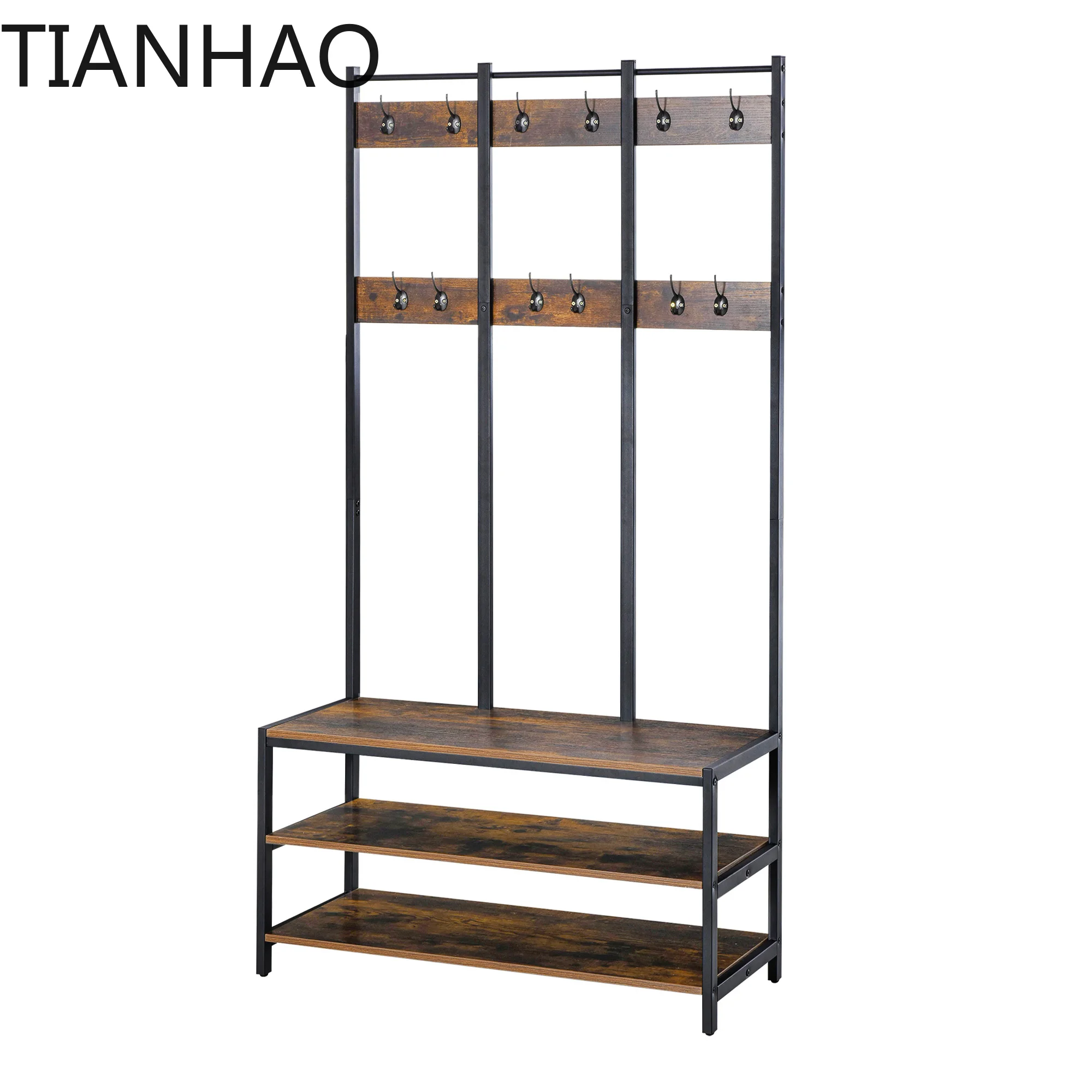 HOMCOM Entryway Coat Rack Hall Tree Shoe Bench 3 in 1 Design Metal Storage Rack