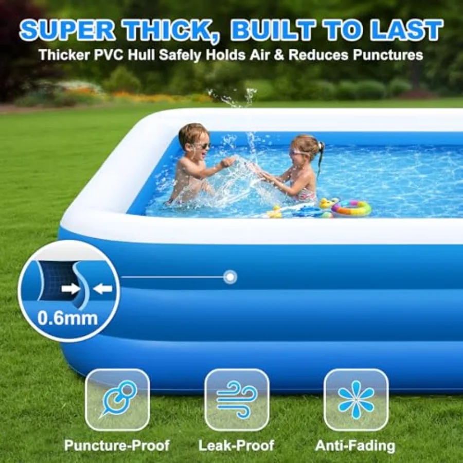 Large Inflatable Pool for Adults, 120x70x22 Oversized PVC Thickened Blow Up Pool in Blue, Durable for Backyard, Garden and Outd