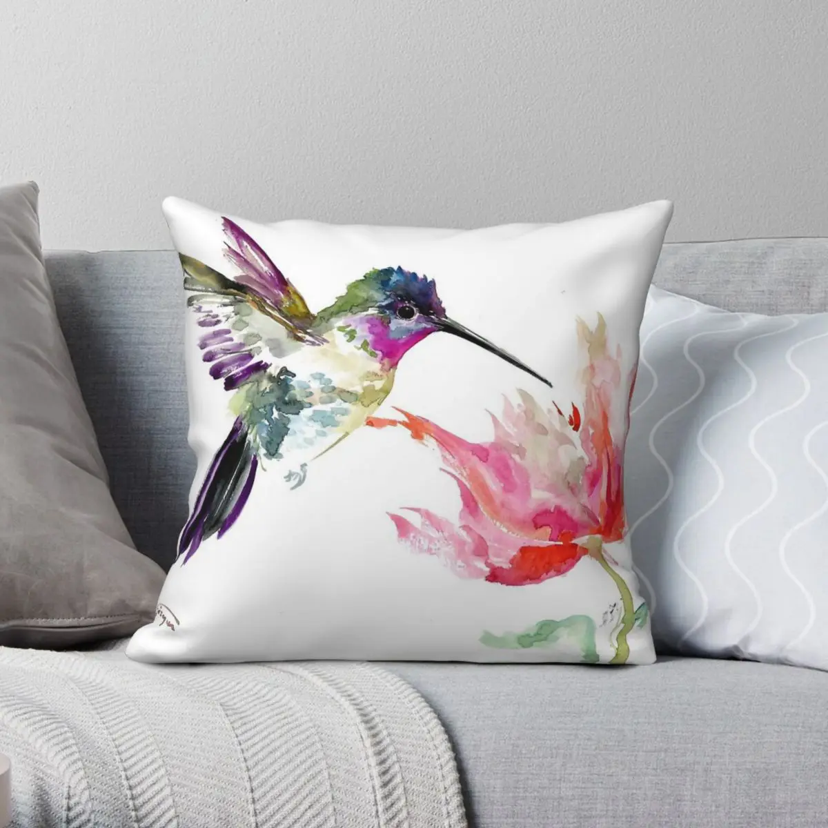 Little Hummingbird Big Flower Square Pillowcase Polyester Linen Velvet Printed Zip Decor Pillow Case Bed Cushion Cover