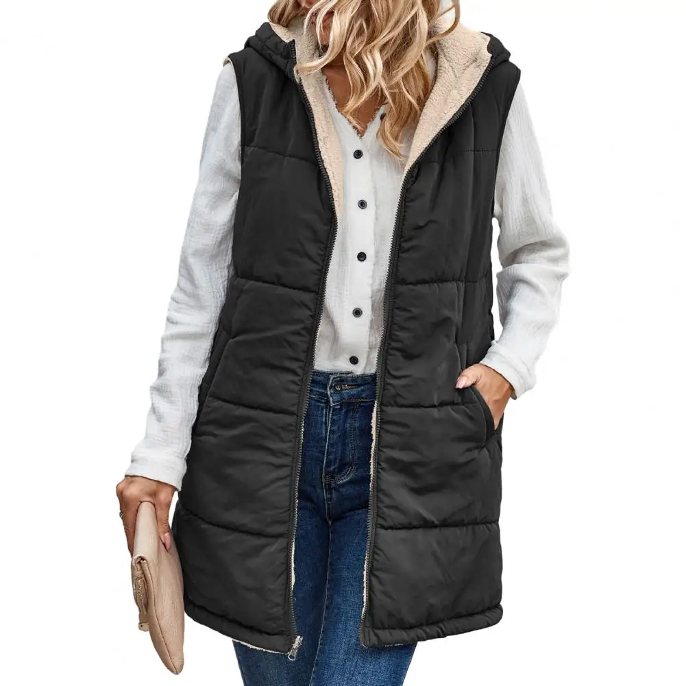 

Winter Women Vest Coat Hooded Sleeveless Fleece Lining Jacket Waistcoat Long Warm Outerwear chaquetas para mujeres