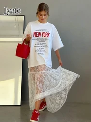 Jyate Jacquard Transparent Long Lace Skirt Women 2024 Summer New High Waist Sexy Casual Maxi Skirts Street Fashion White Jupe