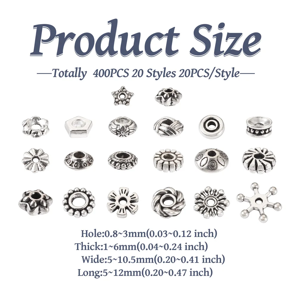 400pcs Tibetan Style Alloy Spacer Beads Random Mixed Metal Flower Star Rondelle Loose Beading Bracelet DIY Jewelry Craft Making