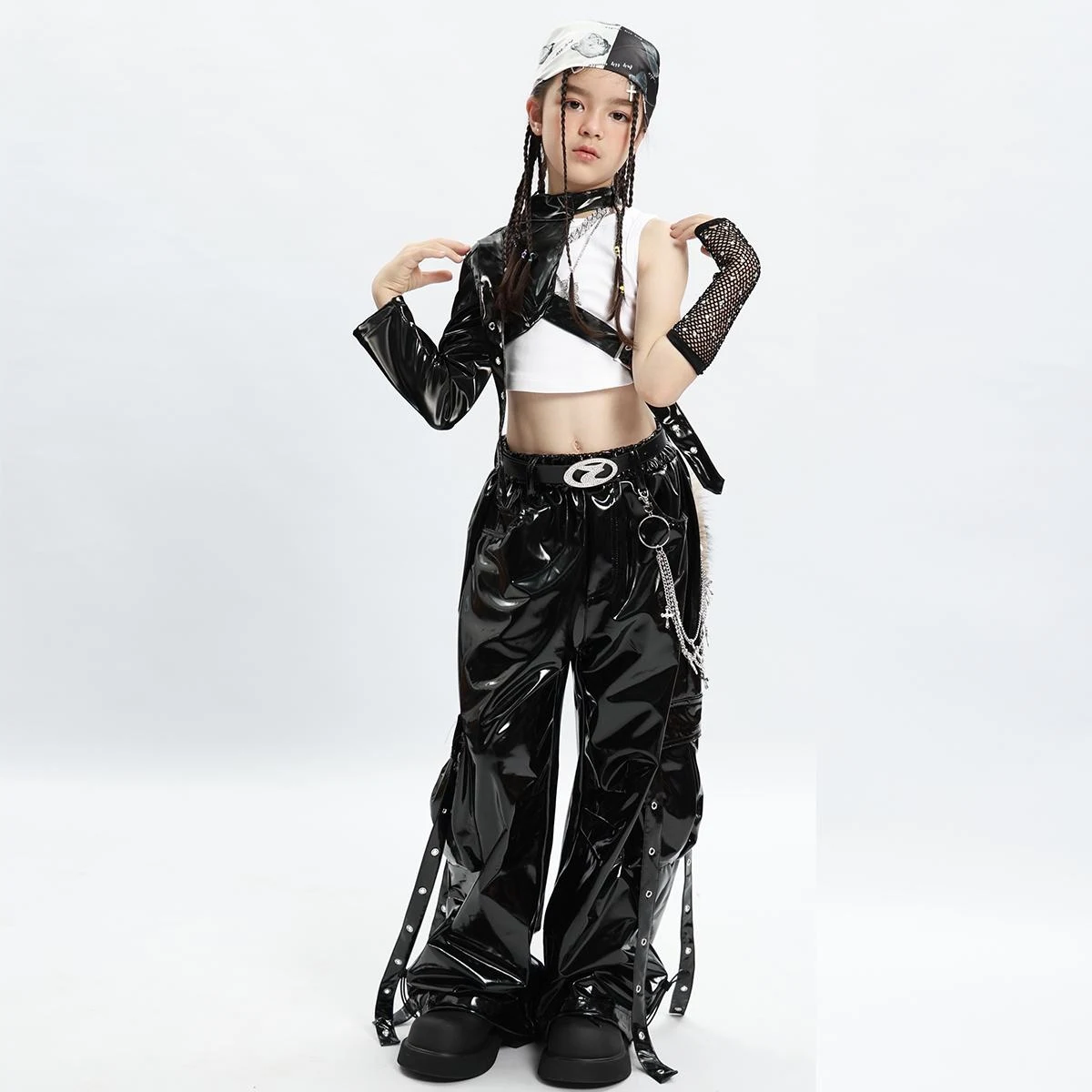 Dziecięcy strój sceniczny Kpop Kids Cool Hip Hop Clothing Girls Black Leather Top Pants Jazz Dance Costume StreeT Wear XS8985